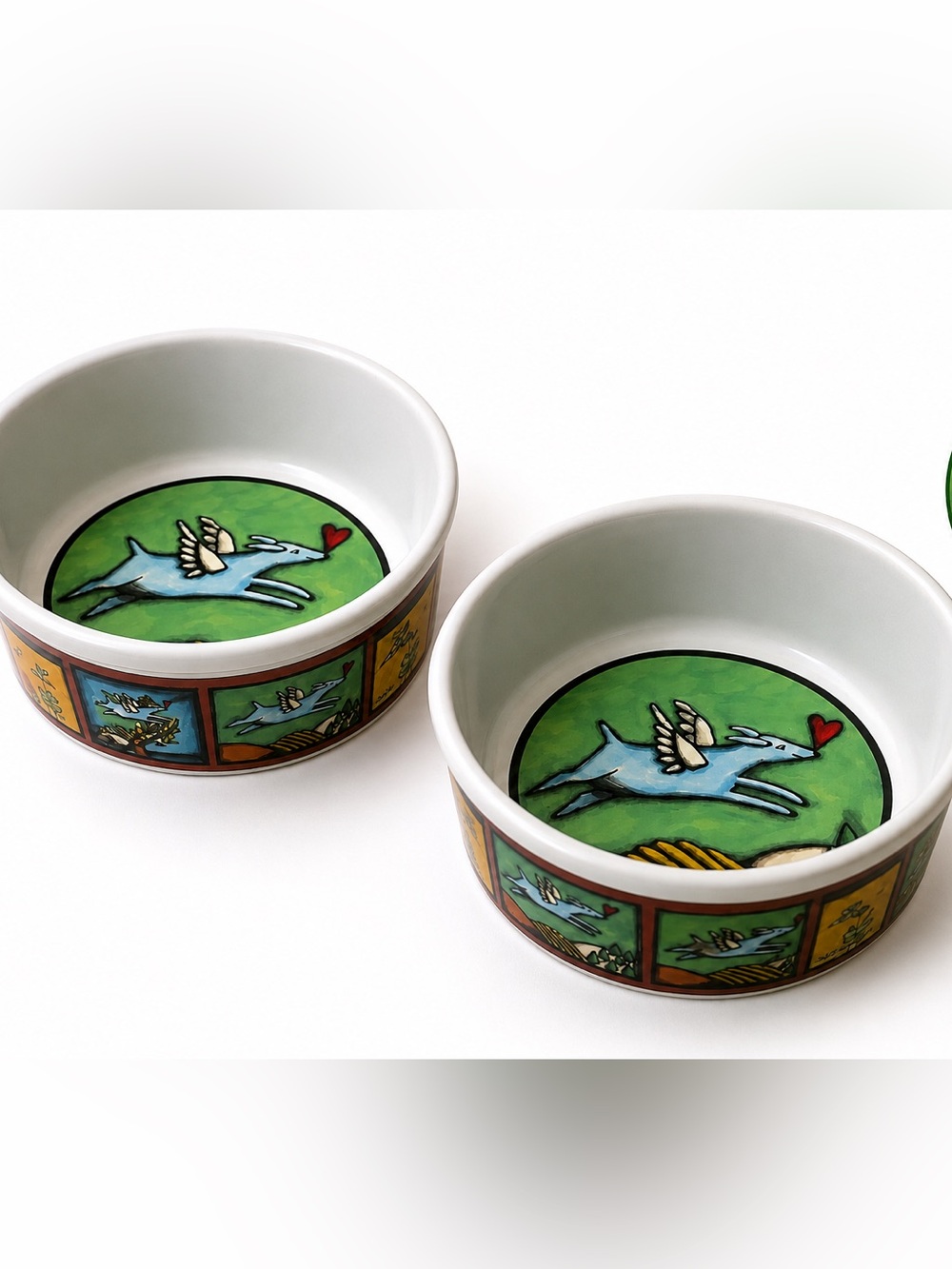 Large Ceramic Dog Bowl Flight of the blue dog Ursula Vintage Collectible Set 2